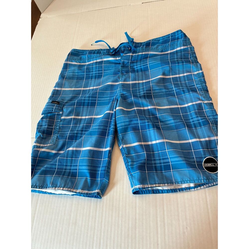 O’Neill Men’s Size 32 Blue Plaid Board Shorts Swim Trunks Cargo Pocket